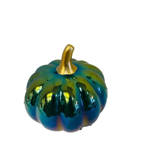 Iridescent Decorative Glass Pumpkin 5" Tall‎ Gold Stem Home Decor Fall Halloween - Picture 4 of 5